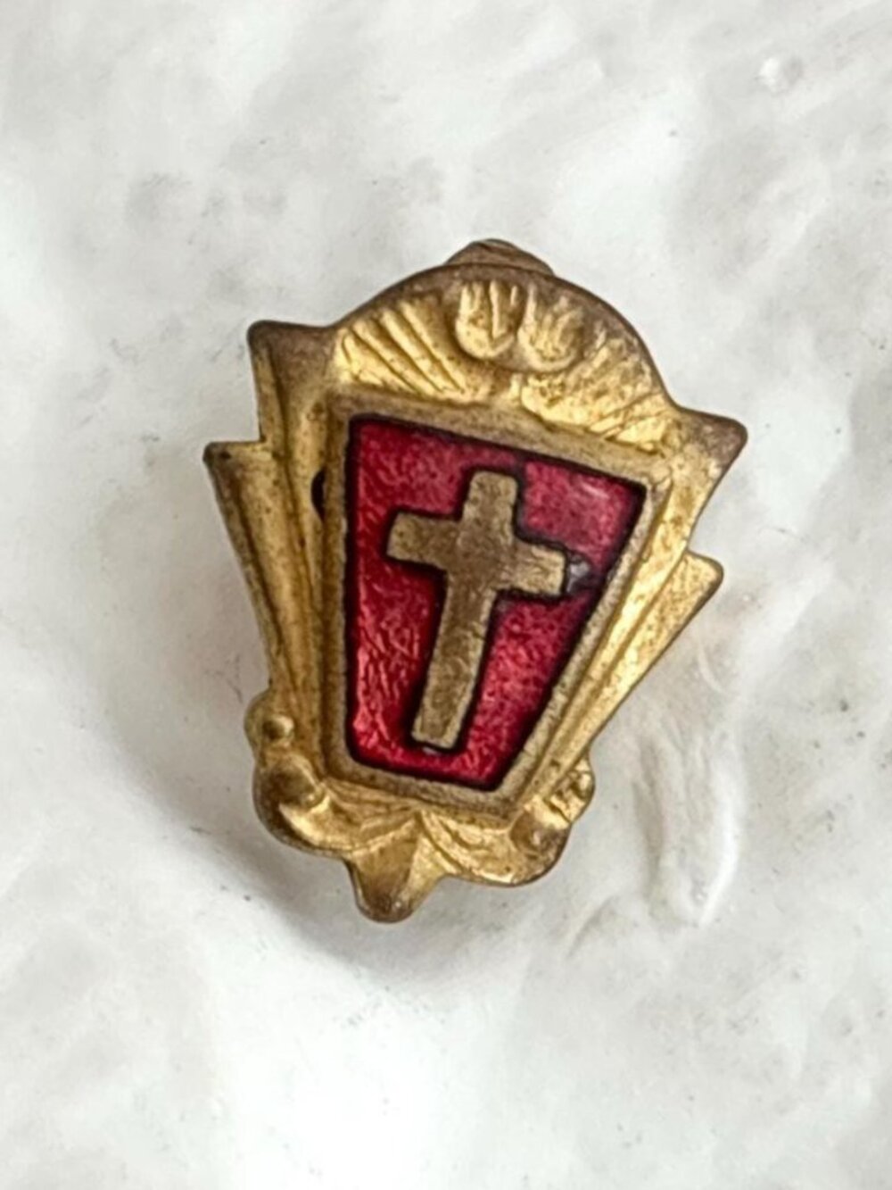 Antique Red Enameled Gold Toned Cross Shaped Vintage Enamel Lapel Pin